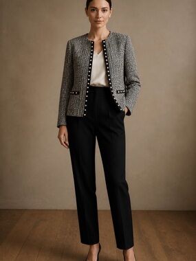 White House Black Market Black & White Tweed Pearl-Trim Blazer